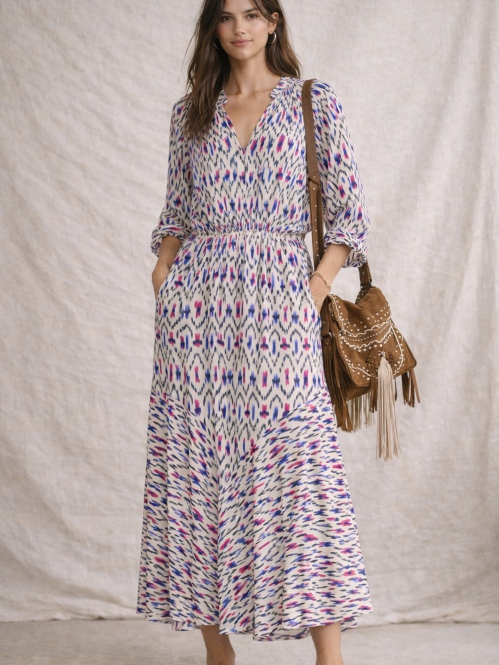 Isabel Marant Etoile 2 Bohemian $599 Arbela Midi Dress Long Sleeve Boho Pink 34
